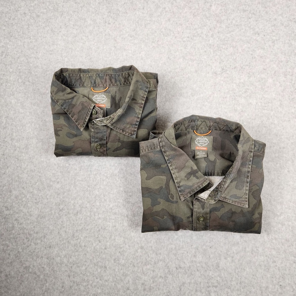 Lot Of Two St John's Bay Shirt Mens Large Green Camo Cotton Stretch Long Sleeve